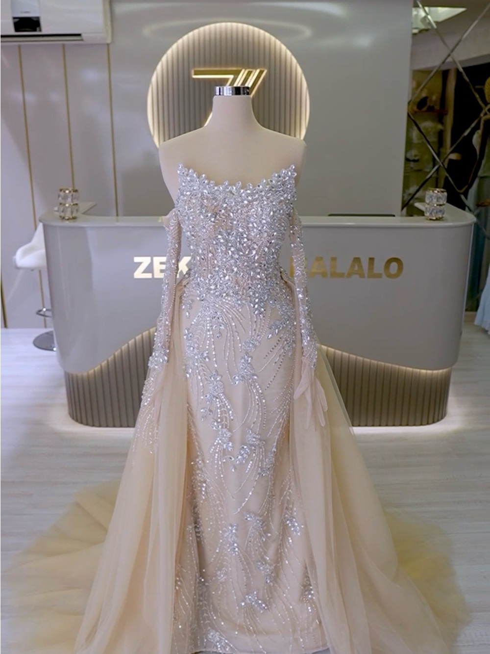 Champagne & Silver Beaded Evening Gown with Matching Gloves
